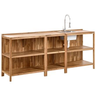 Beliani Conjunto De 3 Islas De Cocina Exterior De Madera De Acacia Con Fregadero Y Grifo Estantes Encimera De Madera Maciza Acero Inoxidable Marr&oacute;n Y Plateado