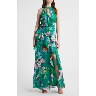 Adrianna Papell Ruffle Floral Evening Gown in Green Multi at Nordstrom, Size 14