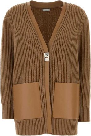 Ferragamo Longline Cardigan with Leather Trims - female - Ferragamo - Cardigans - Brown - XS - Knitwear