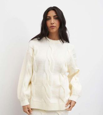 Pretty Lavish Maglione lavorato a trecce color crema in coordinato-Bianco