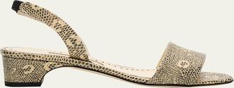Manolo Blahnik 30mm Patobarnu Lizard-Print Leather Slingback Sandals