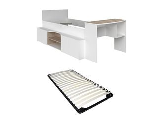 Vente-Unique Combined Bed 90 X 190/200 Cm With Desk & Storage - White & Natural in Light Oak | Size: Single
