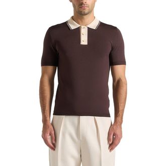 Mani&egrave;re De Voir Roux Contrast Detail Luxe Knit Polo Shirt in Brown at Nordstrom, Size X-Small