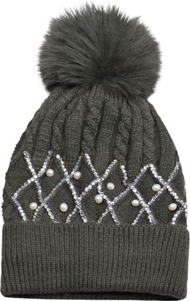 Generic Ladies Winter Beanie Hat Wool Knitted with Small Crystals Large Fur Pom Pom Cap Womens SKI Snowboard Hats Olive Green