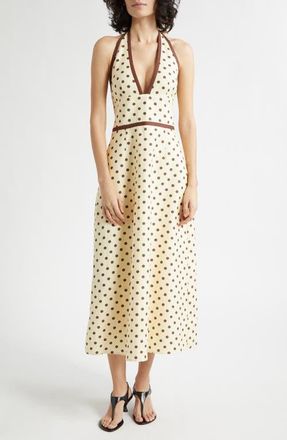 Poss&eacute; Bowie Polka Dot Plunge Halter Neck Midi Dress in Vanilla/Chocolate at Nordstrom, Size Xx-Small