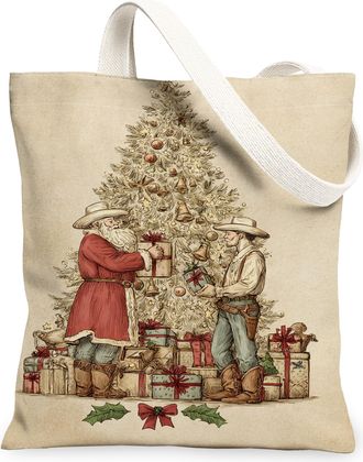 Generic Christmas Cowboy Canvas Tote Bags, Vintage Western Santa Design Reusable Grocery Bags, Rustic Lightweight Washable Canvas F, Beige, 13x15 Inch