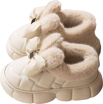 Generic Slippers Women Womens Winter Fashion Bow Wrapped Feet Cozy Clogs Warm Comfortable Leather Upper For Her Cozy House Slippers(Beige, 5.5)