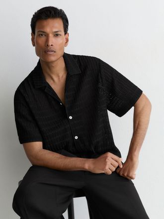 Reiss Black Chevron-crochet Cuban-collar Shirt, Xxl