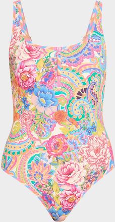 Johnny Was Paisley Floral Zip Tank One-Piece Swimsuit