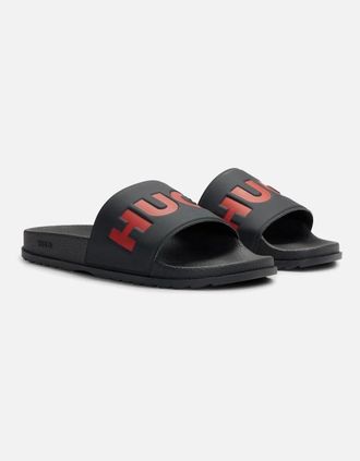 HUGO BOSS Mens HUGO Logo Strap Sliders, Black/Red - Black/Black - Size: UK - 12