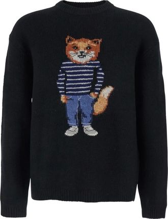 Maison Kitsuné Truien & Vesten, Heren, Zwart, S, Wol, Dressed Fox Intarsia Wollen Trui