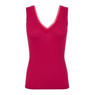 P.A.R.O.S.H. Sleeveless Tops, female, Pink, Size: XS V-neck ribbed top edged with tulle and beads