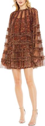 Mac Duggal Floral Print Long Flare Sleeve Mesh A-Line Dress