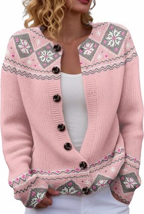 Generic Cardigans for Women UK Vintage Fairisle Jumpers for Women Lightweight Open Front Cardigan Casual Long Sleeve Button Down Sweaters Winter Warm Knitted 