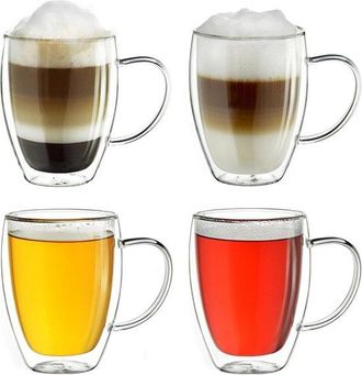 OEM Bicchieri A Doppia Parete Con Manico, 350 Ml - Bicchieri In Vetro Borosilicato Resistenti Al Calore Per Bevande Calde E Fredde - Set Da 4