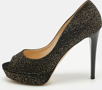 Jimmy Choo London Black/gold Texture Suede Peep Toe Pumps