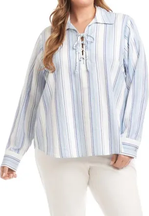 Karen Kane Eyelet Lace Up Top - Plus In Stripe