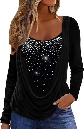 Generic Women Elegant Sequin Tops Party Glitter Ruched Wrap Tops Sparkly Blouse Comfortable Casual Diamonds Long Sleeved Stretchy Scoop Neck Top Fake Two Piec