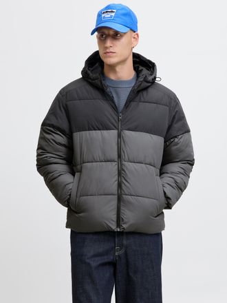 Jack & Jones Steppjacke JACK & JONES JJMAZE PUFFER HOOD, Herren, Gr. XXL, castlerock detail:asphalt blocking, Web, Obermaterial: 100% Polyester, colorblocking, reg