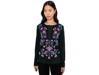 Johnny Was Mixed Media Henley T-shirt - Elizabeth Womens Clothing Black : LG, Cotton