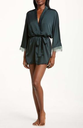 Simone P&eacute;r&egrave;le Lace Trim Satin Robe in Kolsai Green at Nordstrom, Size Large