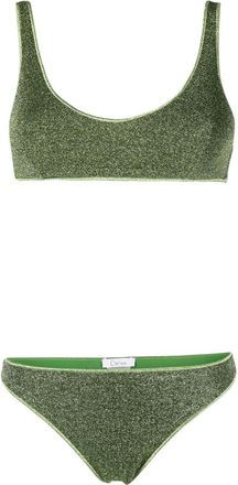 Os&eacute;ree glittered scoop-neck bikini set - women - Polyamide/Polyamide/Metallic Fibre/Spandex/Elastane - L - Green