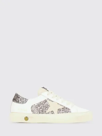 Golden Goose Boys May Distressed Leather and Glitter Fabric Sneakers