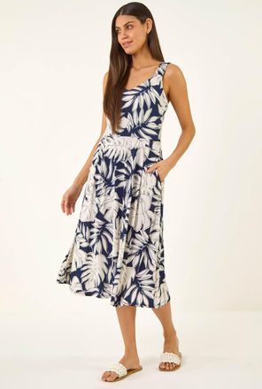 Roman Palm Leaf Print Midi Dress