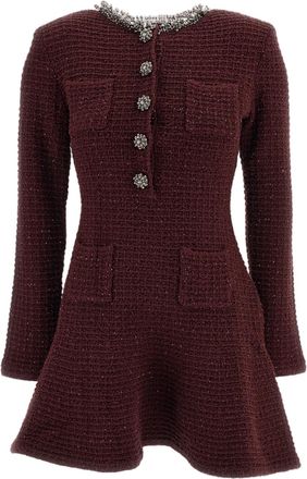Self Portrait Burgundy Beaded Textured Waffle-Knit Mini Dress