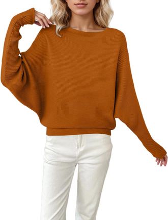 Generic Batwing Sleeve Jumpers for Women Boat Neck Off Shoulder Dolman Knitted Sweaters Ladies Pullovers Tops
