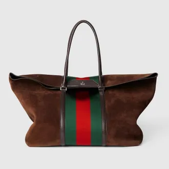 Gucci Medium Duffle Bag With Web, Brown, Suede