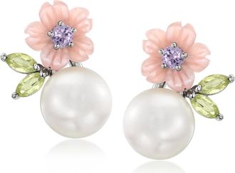 Ross-Simons 8-8.5mm Cultured Pearl and 8mm Pink Mother-Of-Pearl Flower Earrings With. Peridots and. Amethysts in Sterling Silver