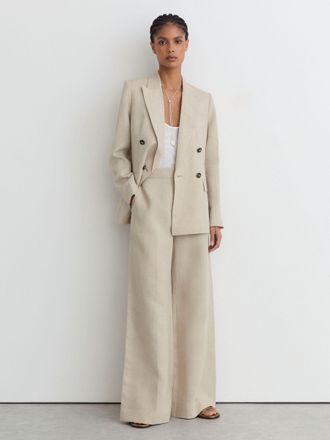 Reiss Neutral Petite Linen Wide-leg Suit Trousers, 10