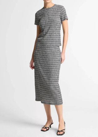Vince Plaid Grid-Knit Short-Sleeve Crew Neck Top In Eclipse Combo