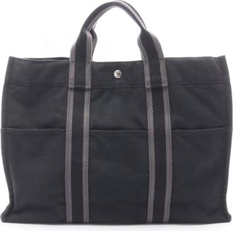 Herm&egrave;s Black Gray Canvas Tote Bag (Pre-Owned)