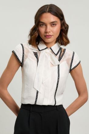 Karen Millen Womens Studded Detail Blouse - White Linen - Size 14 UK