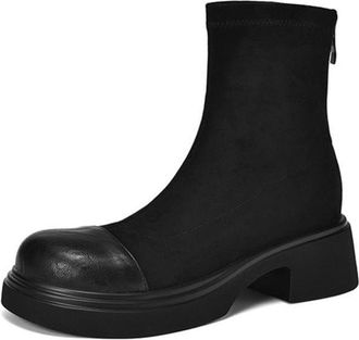 Generic Womens Suede Leather Ankle Boots Round Toe Chunky Sole Side Zipper Comfortable Non-Slip Wear-Resistant for Daily Commute Casual Outings,Black,3.5 UK