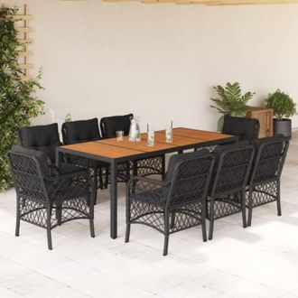 vidaXL Set De Comedor De Jard&iacute;n 9 Pzas Y Cojines Rat&aacute;n Sint&eacute;tico Negro Vidaxl