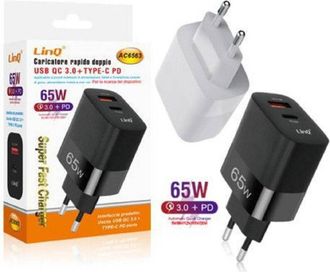 Trade Shop Trade Shop - Caricabatteria Rapido Doppio 65w Usb Quick Charge 3.0 + Type-c Power Delivery Ac6563