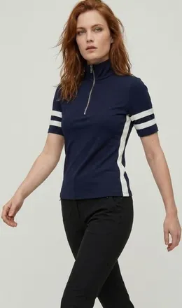 Anatomie Serena Sport Striped Zip-Up Short Sleeve Top in Navy/white at Nordstrom, Size X-Small