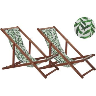 Beliani Set of 2 Folding Deck Chairs ANZIO with Replacement Fabrics Floral Motif Acacia Wood Dark Brown