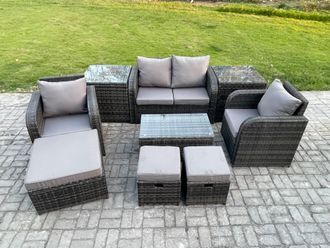 Fimous Wicker PE Rattan Outdoor Furniture Set Garden Love Sofa Coffee Table 2 Armchair 3 Footstools 2 Side Tables in Dark Grey