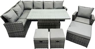 Fimous Poly Rattan Outdoor Patio Height Adjustable Rising Lifting Table Corner Sofa Set with 3 Stools for Garden Backyard Dark Grey Mixed - Fimous