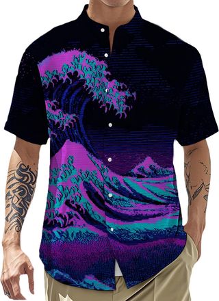 Generic Men Hawaiian Shirt - Casual Japanese Style Vacation Button Up Shirt - Trendy Basic Tops Loose Summer XXL Pixel Color Ukiyo-e