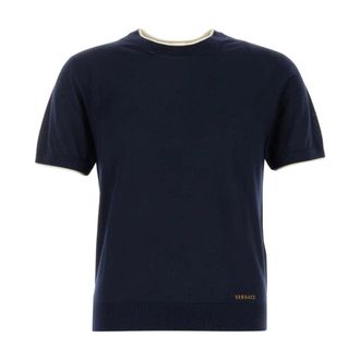 Versace Round-neck Knitwear, male, Blue, Size: XL Stretch Wool Sweater
