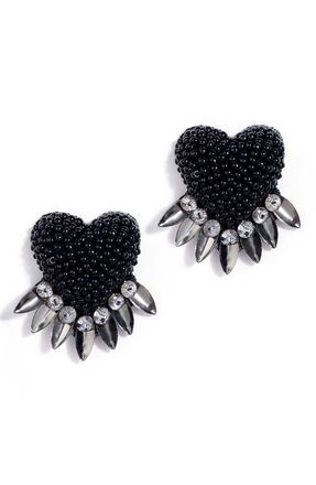 Deepa Gurnani Danika Beaded Fringe Heart Stud Earrings in Black at Nordstrom