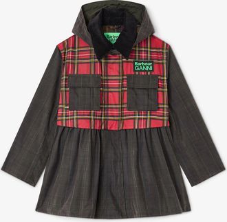 Ganni Green x Barbour Peplum Wax Jacket in Tartan - Size 32 Cotton