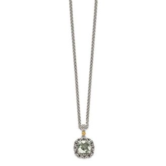 Diamond2Deal Sterling Silver with 14K Accent Cushion Green Quartz Pendant Necklace