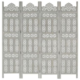 Berkfield Home Hand carved 4-Panel Room Divider Grey 160x165 cm Solid Mango Wood