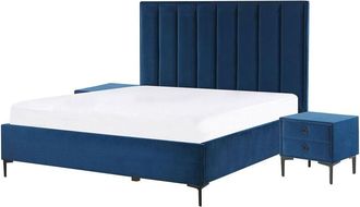 Beliani Modern Bedroom Set eu Double 4ft6 Bed Bedside Tables Blue Velvet Sezanne